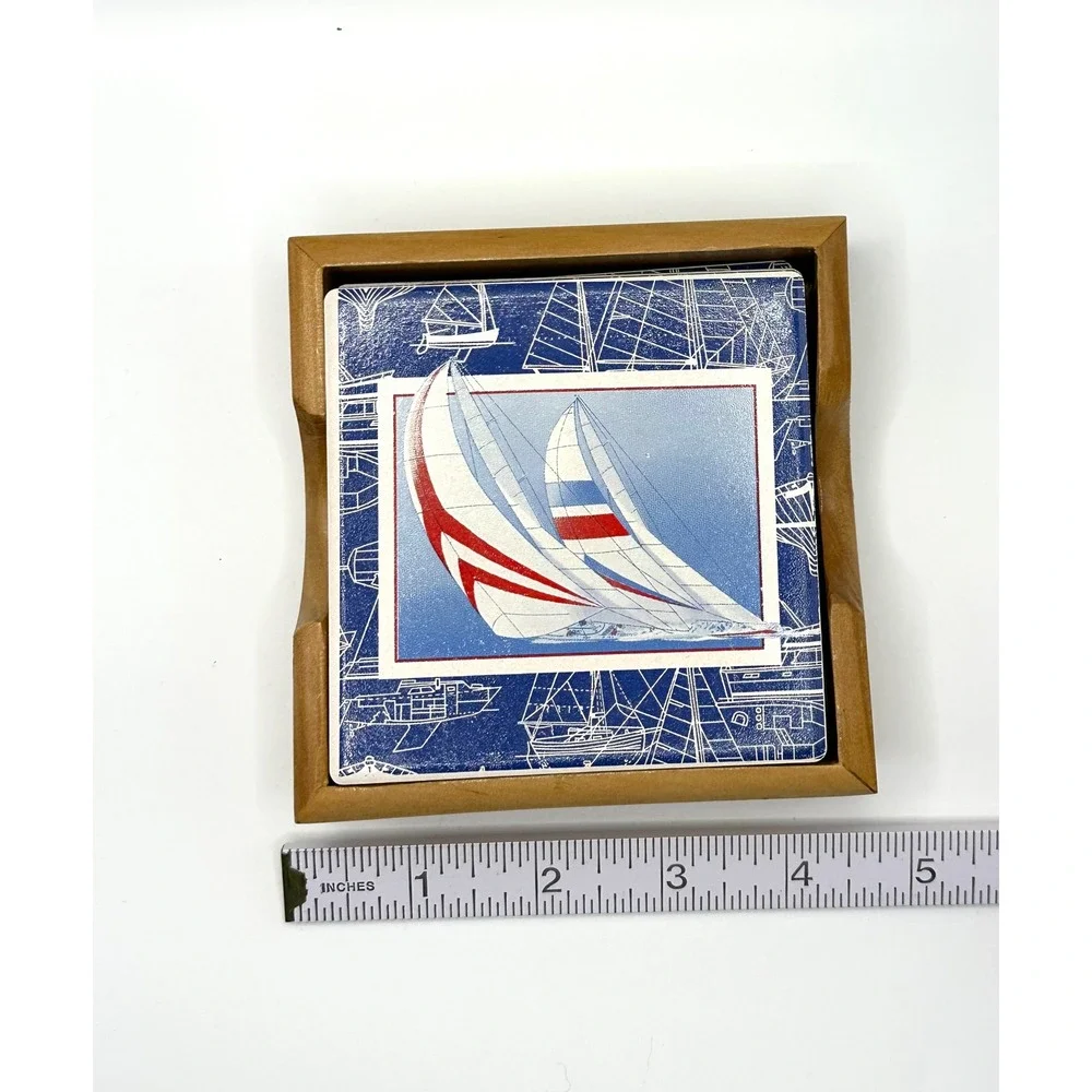 Vintage Nautical Sailboat Ceramic Coaster Set of 4 with Wood Holder Blue White‎